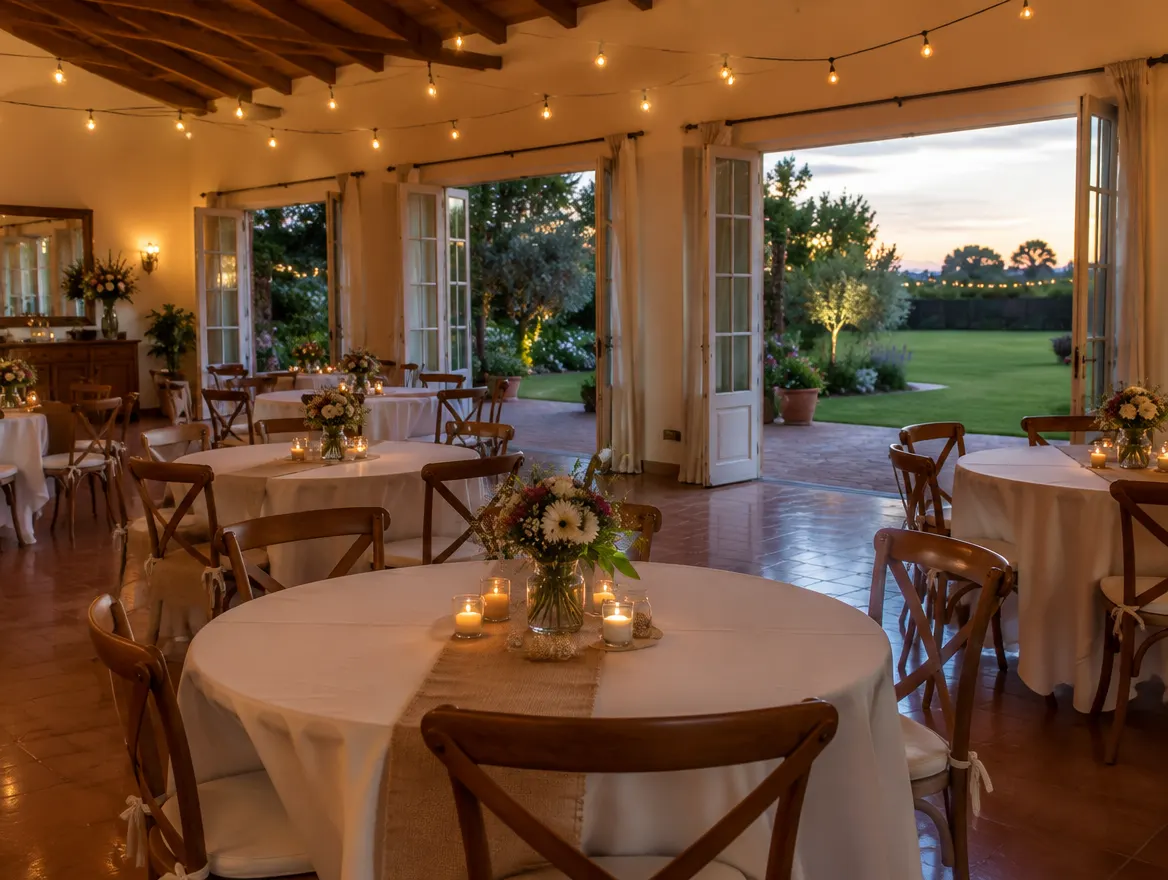 Salón de eventos de Dulcinea en Tres Arroyos con mesas armadas y patio